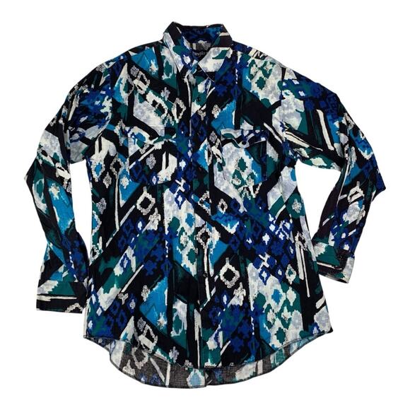 Wrangler mens 16.5 Large cowboy cut blue black Aztec print long tail vintage yel - Picture 1 of 9